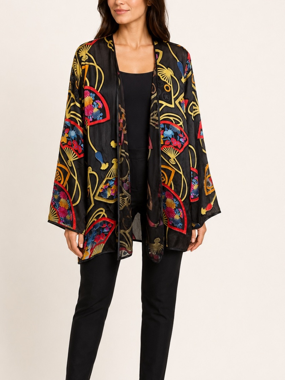 Vintage Aliki Yamani Burnout Velvet Silk Blend Kimono Jacket Black Floral XL